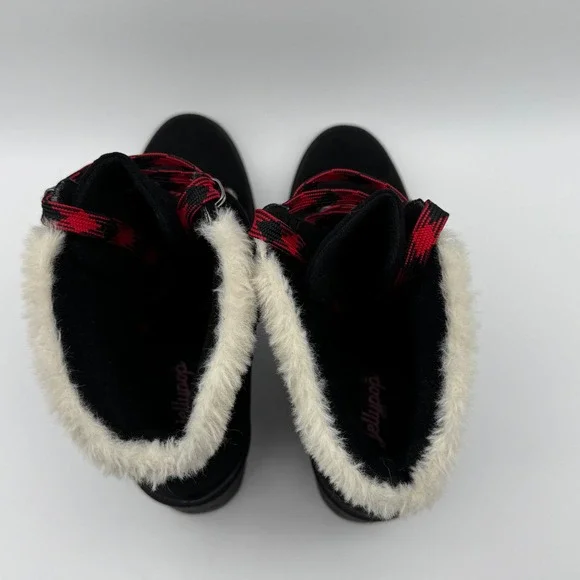 Jellypop Black Heeled Ankle Boots Red Plaid Laces Faux Fur Trim Lug Sole Size 9M - Picture 11 of 13